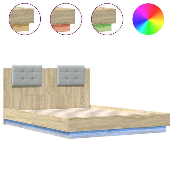 vidaXL voodiraam peatsi ja LED-tuledega, Sonoma tamm, 135 x 190 cm