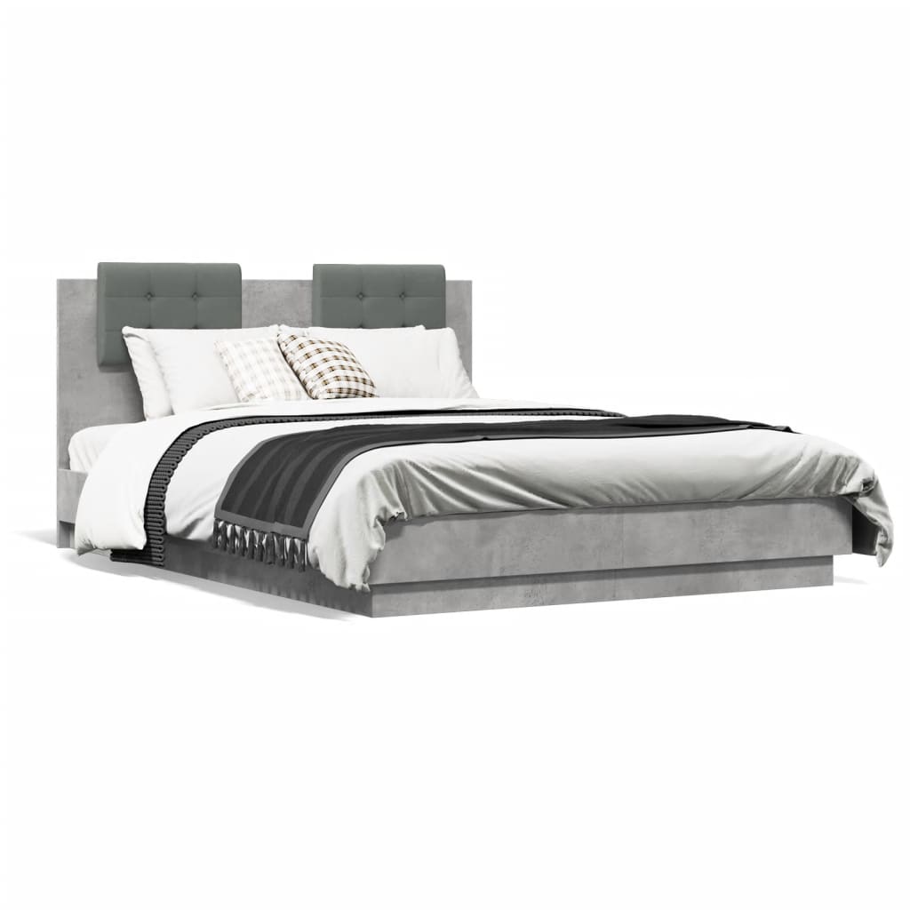 vidaXL Cadru de pat cu tăblie și lumini LED, gri beton, 135x190 cm