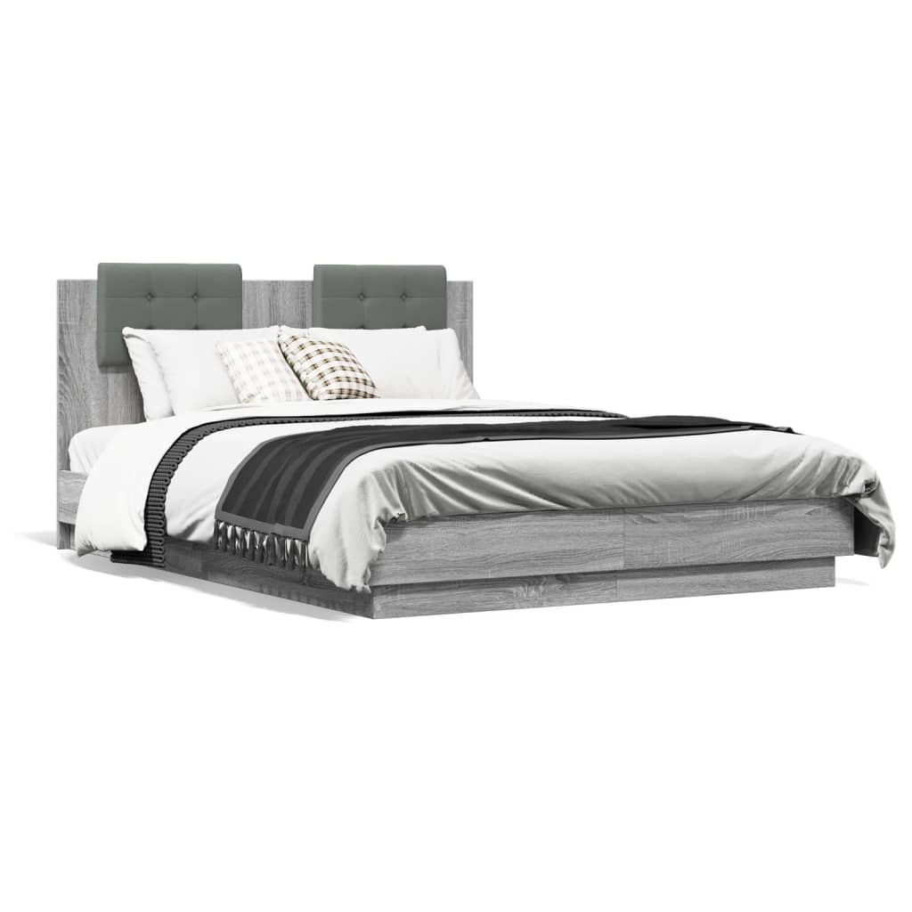 vidaXL Cadru de pat cu tăblie și lumini LED, gri sonoma, 135x190 cm