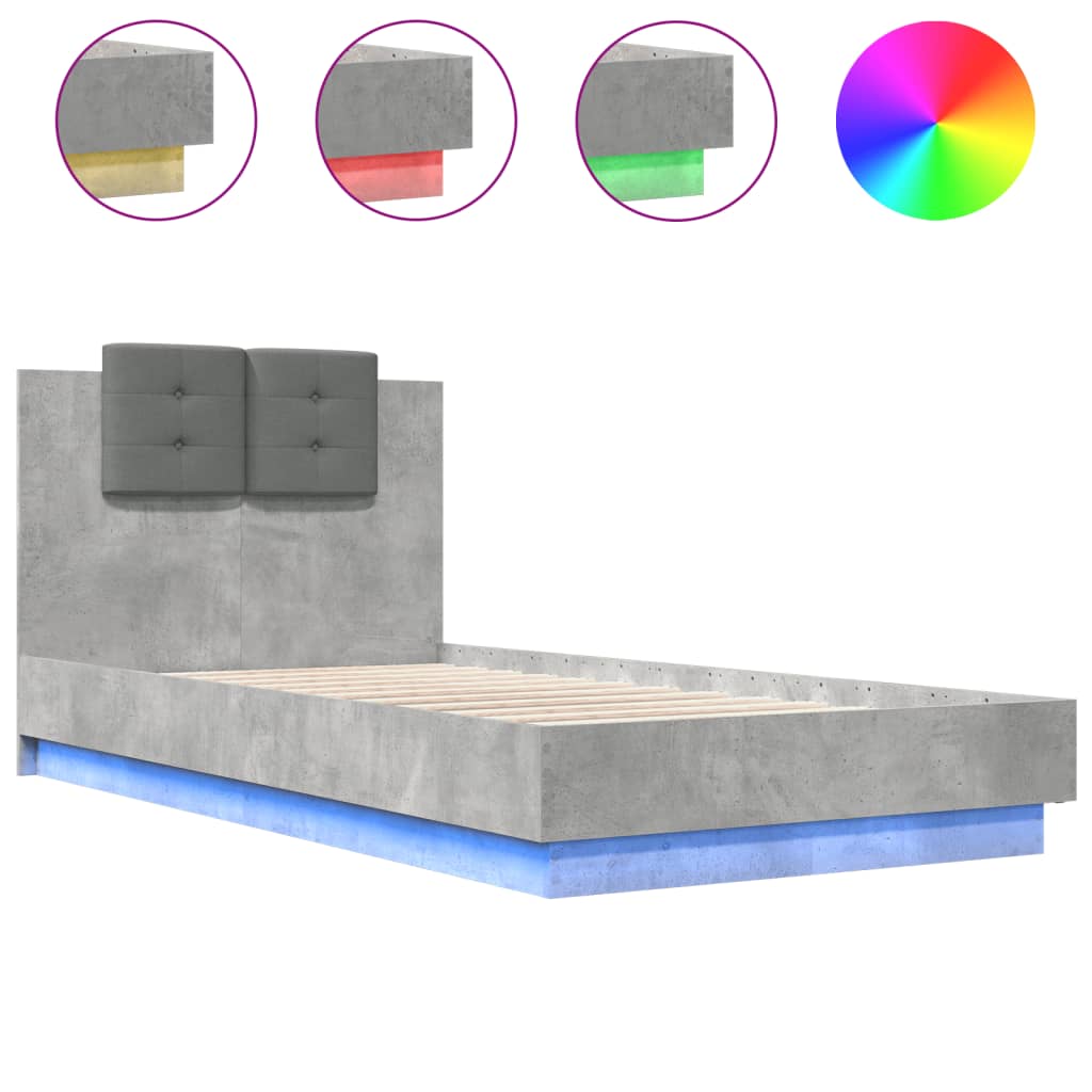 Thumbnail - vidaXL Bettgestell mit Kopfteil und LED-Leuchten Betongrau 75x190 cm
