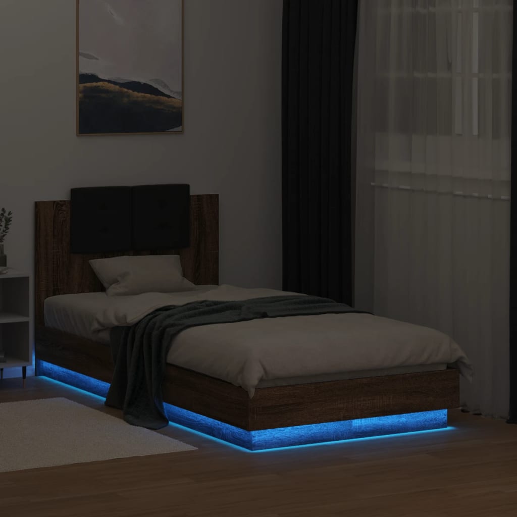 vidaXL Cadru de pat cu tăblie și lumini LED, stejar maro, 75x190 cm