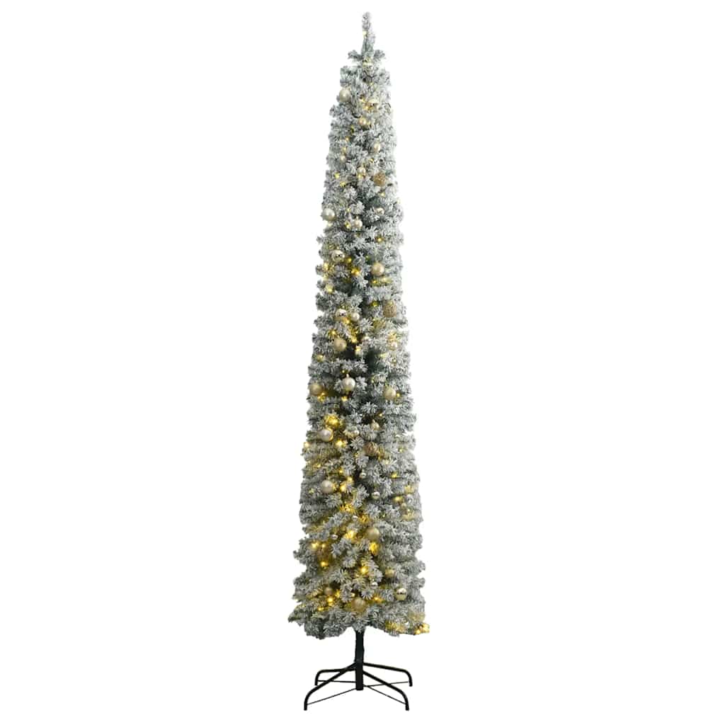 vidaXL Úzky vianočný stromček 300 LED, zasnežený s guľami 270 cm