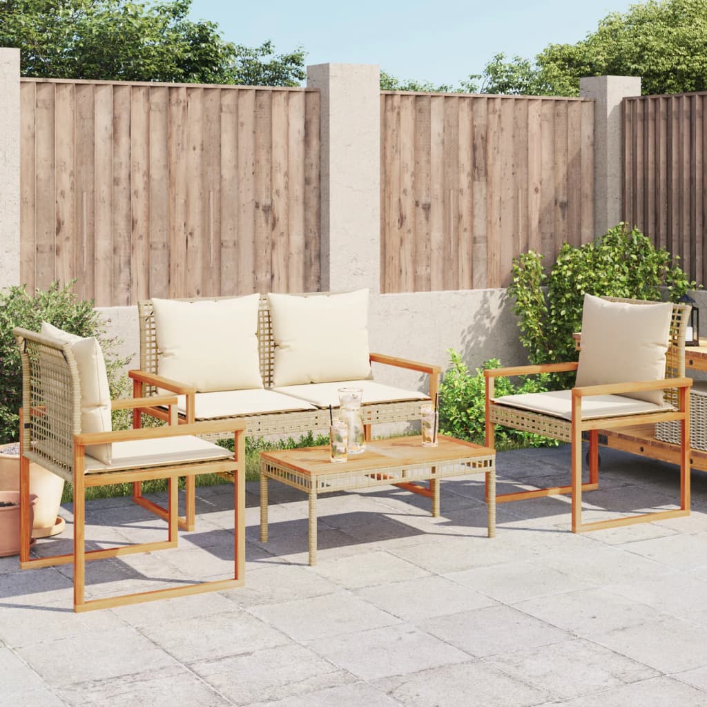 vidaXL 4-delige Loungeset met kussens poly rattan gemengd beige afbeelding