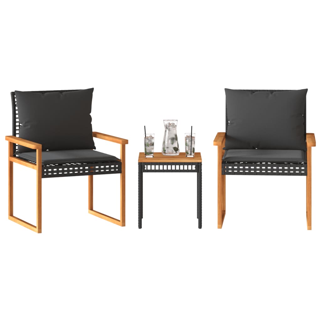 vidaXL 3-tlg. Bistro-Set mit Kissen Schwarz Poly Rattan Akazienholz