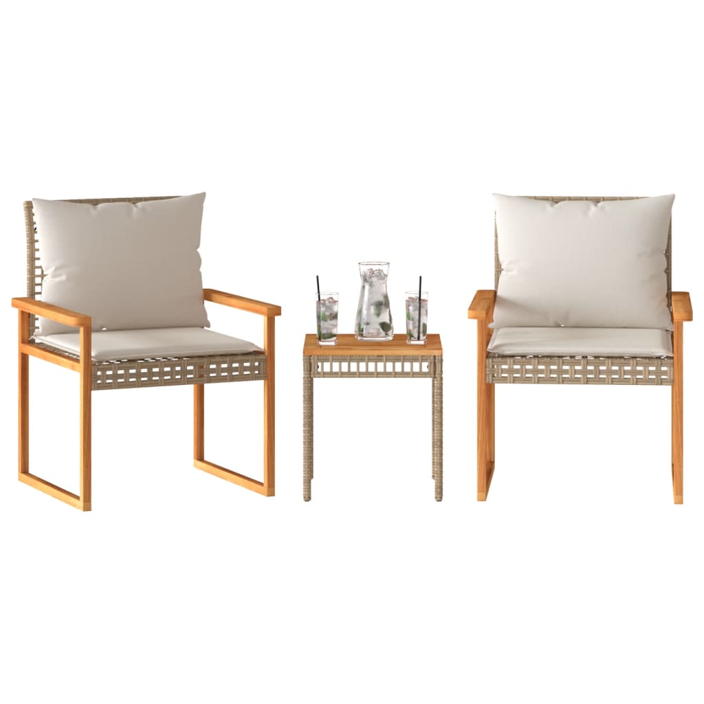 vidaXL 3-tlg. Bistro-Set mit Kissen Beige Poly Rattan Akazienholz