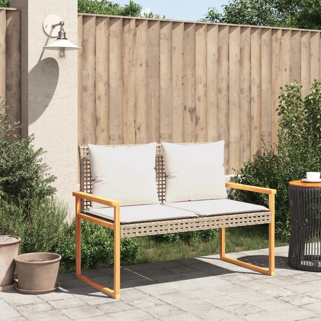 vidaXL Tuinbankje met kussen poly rattan en acaciahout gemengd beige afbeelding