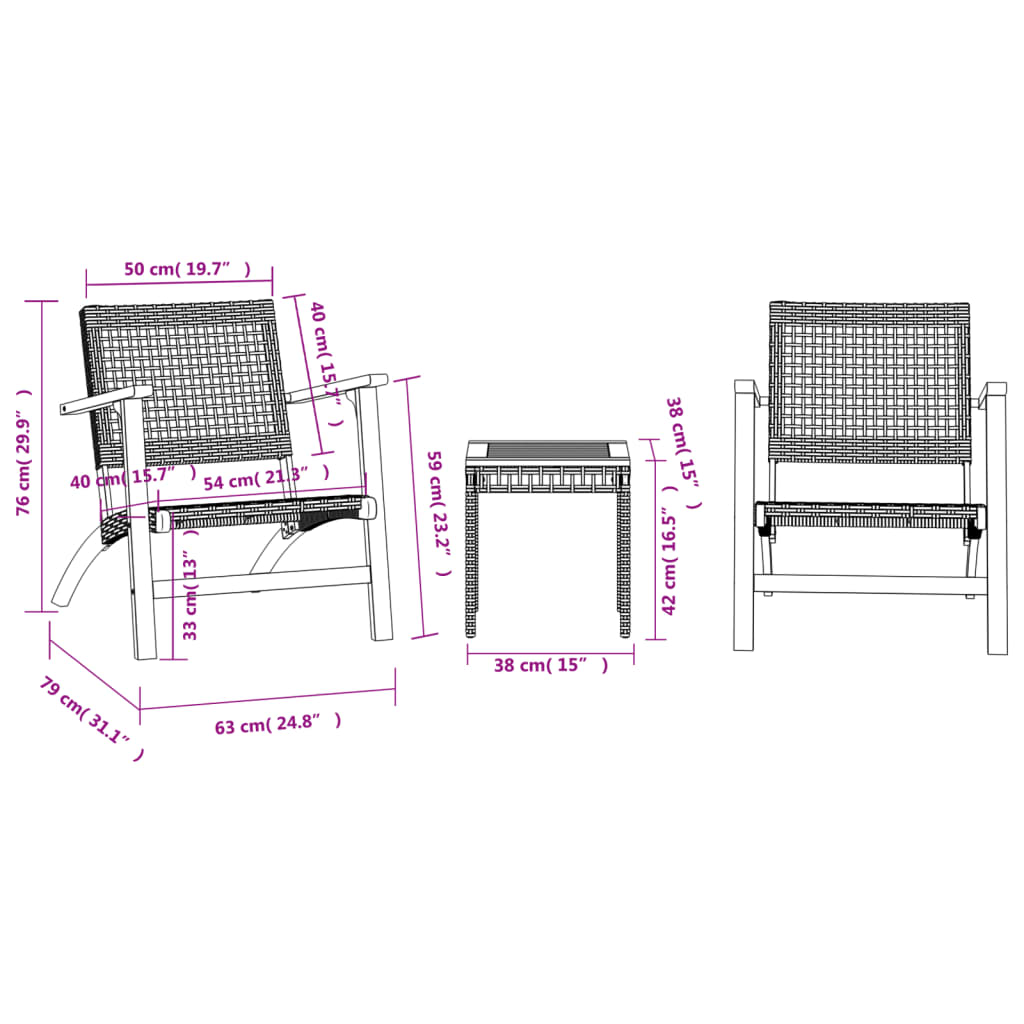 imagem de vidaXL 3 pcs conjunto de bistrô vime PE/madeira de acácia maciça bege11