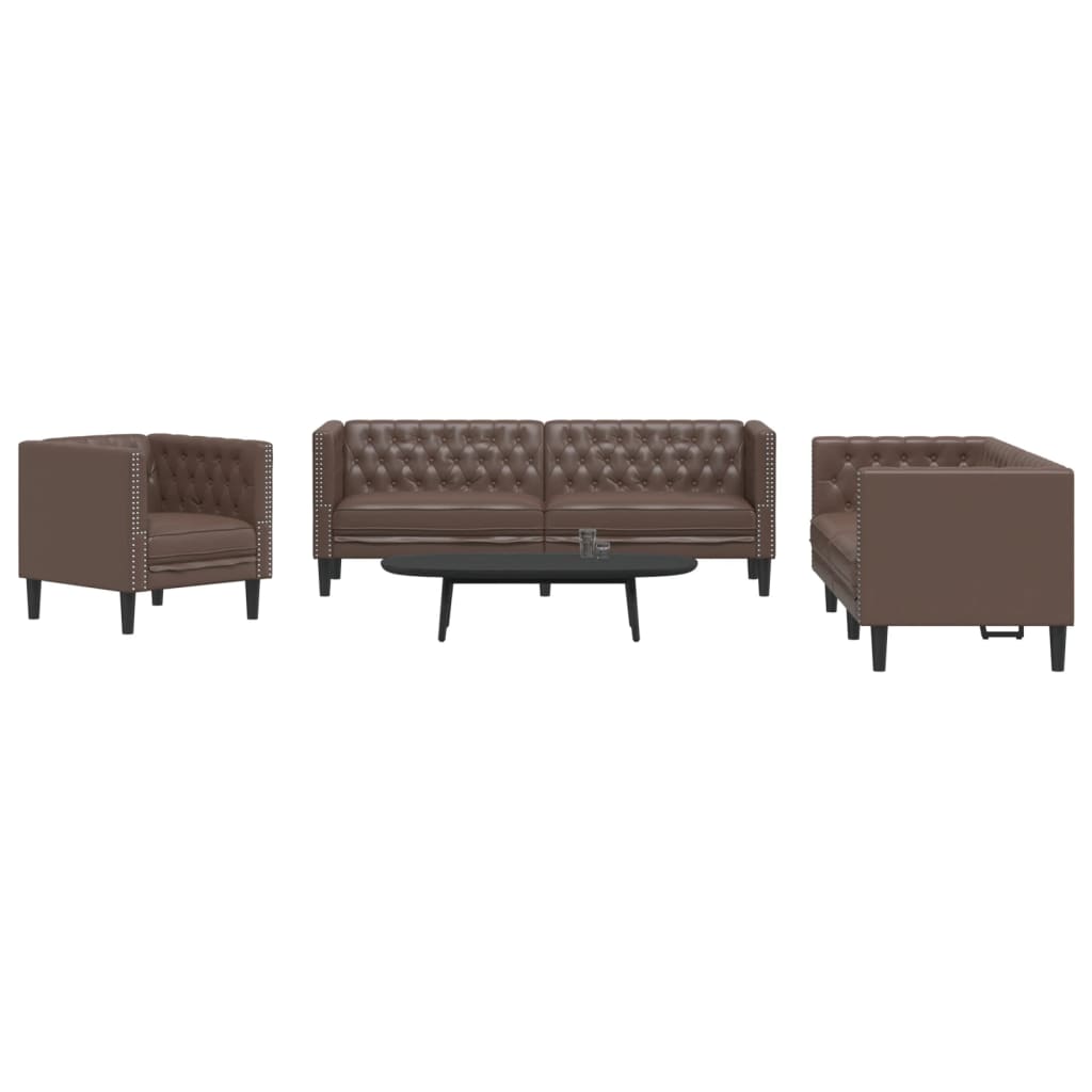 vidaXL Set canapele Chesterfield cu 3 locuri, maro, piele eco.