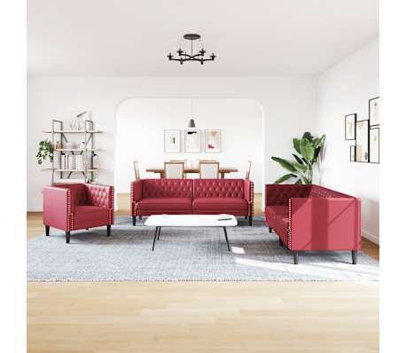 vidaXL Set canapele Chesterfield cu 3 locuri roșu vin piele eco.