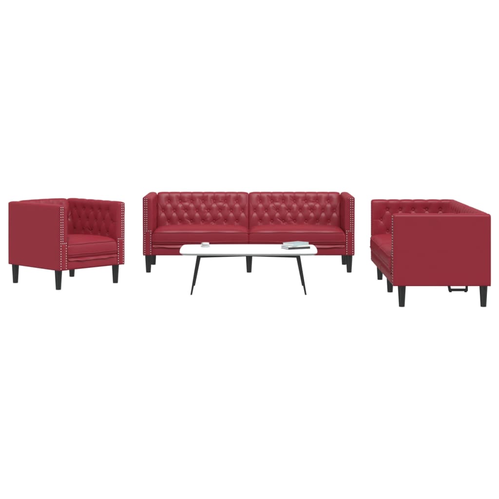 vidaXL 3-tlg. Chesterfield-Sofa-Set Weinrot Kunstleder