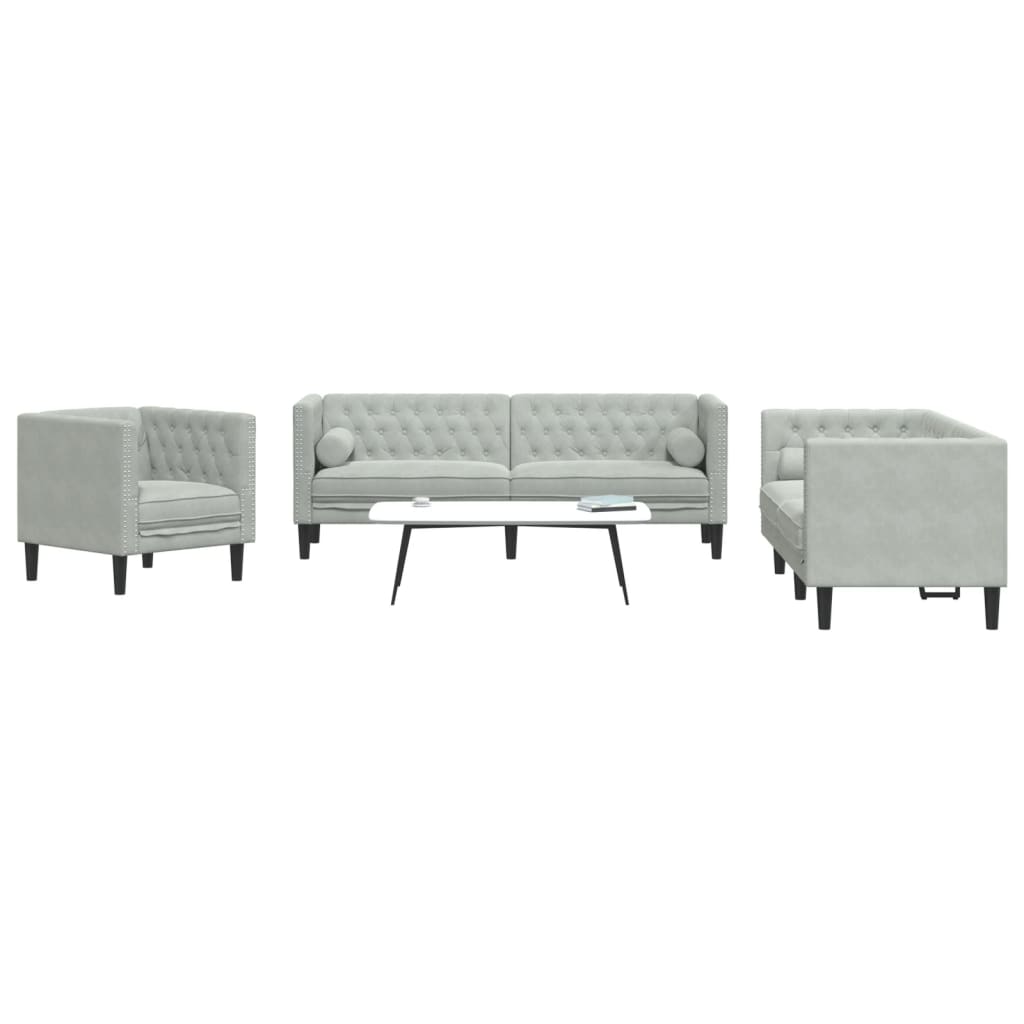 vidaXL Set canapele Chesterfield cu perne rulou, 3 piese, gri, catifea