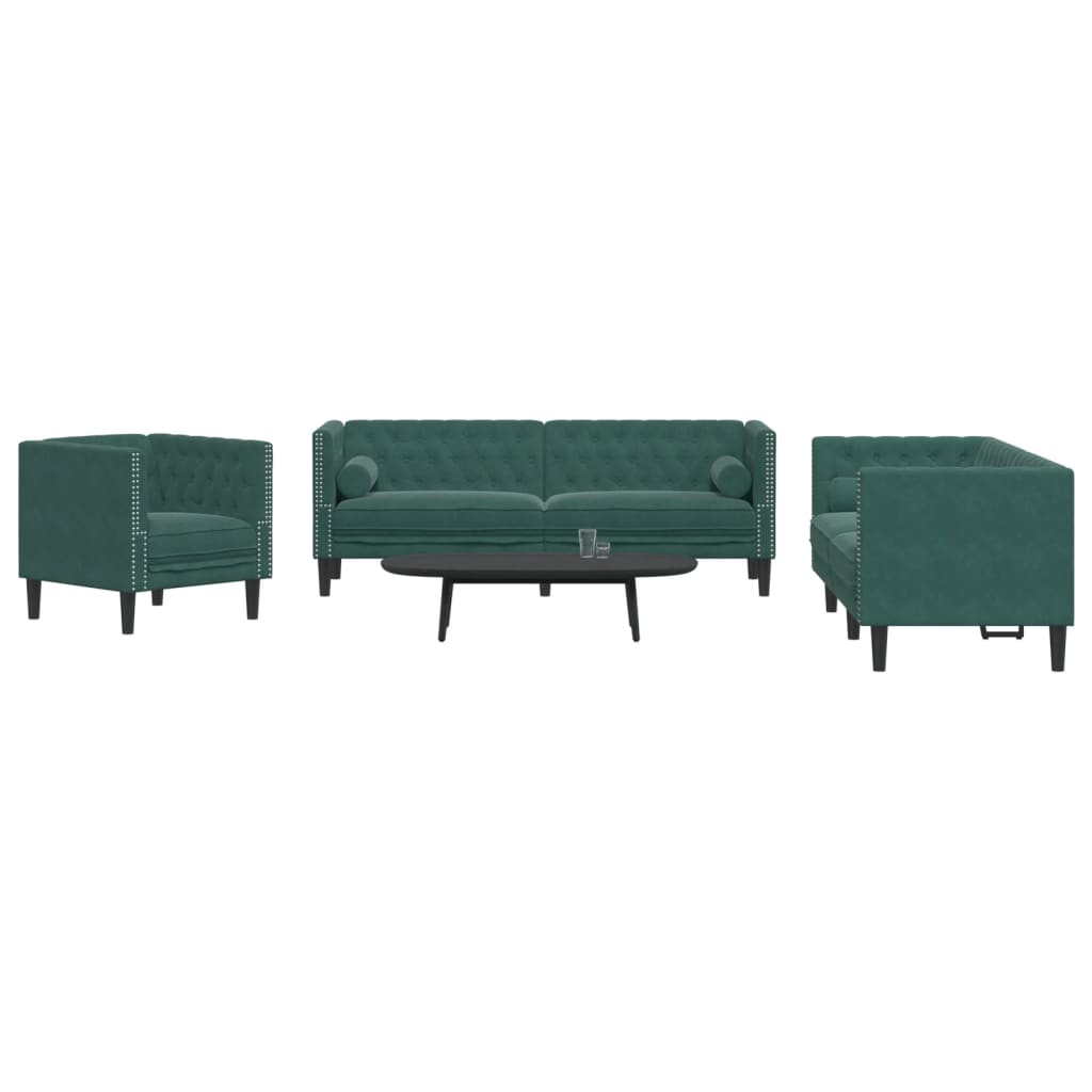 vidaXL 3-tlg. Chesterfield-Sofa-Set mit Nackenrollen Dunkelgrün Samt