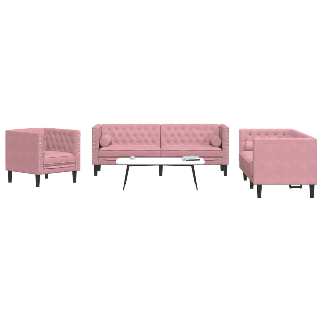 vidaXL 3-tlg. Chesterfield-Sofa-Set mit Nackenrollen Rosa Samt