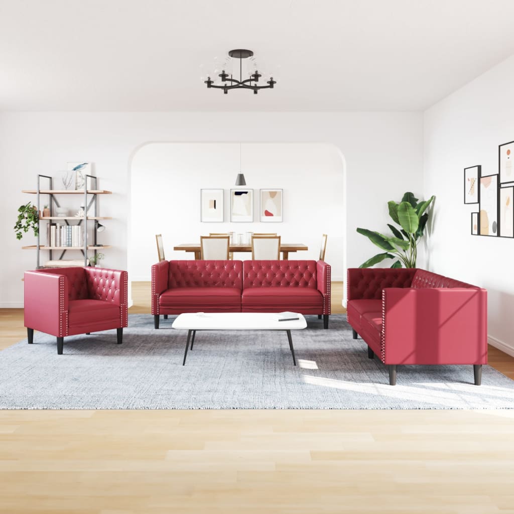 vidaXL 3-delige Loungeset Chesterfield met bolsters fluweel wijnrood afbeelding
