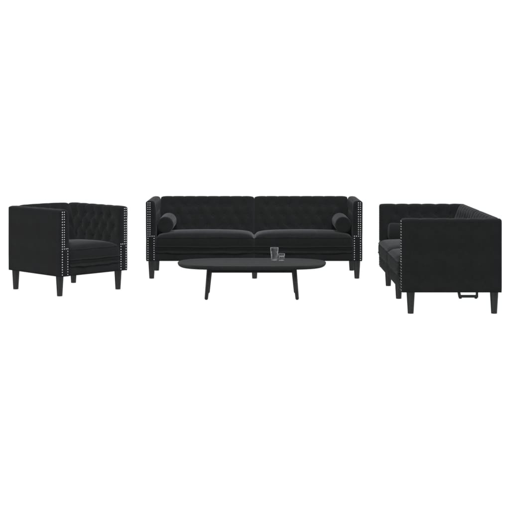 3-tlg. Chesterfield-Sofa-Set mit Nackenrollen Schwarz Samt