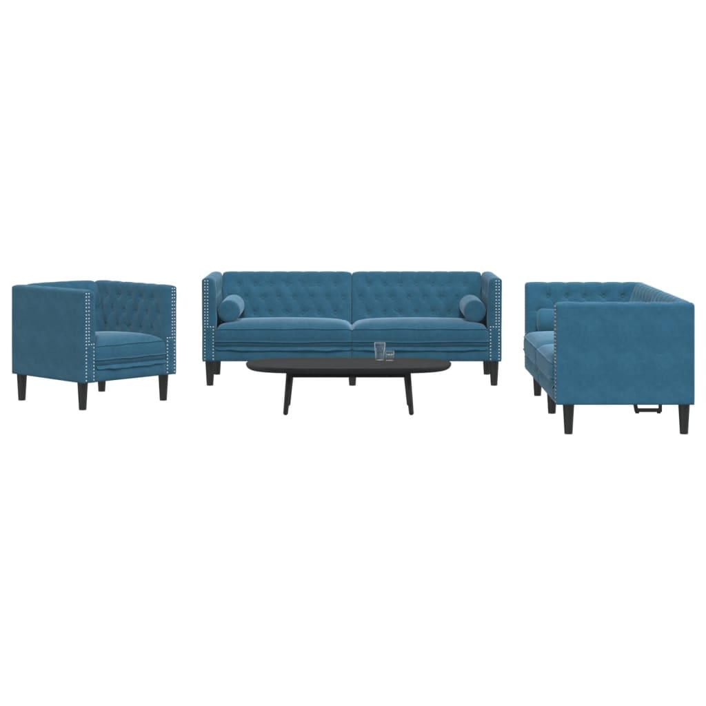 vidaXL 3-tlg. Chesterfield-Sofa-Set mit Nackenrollen Blau Samt