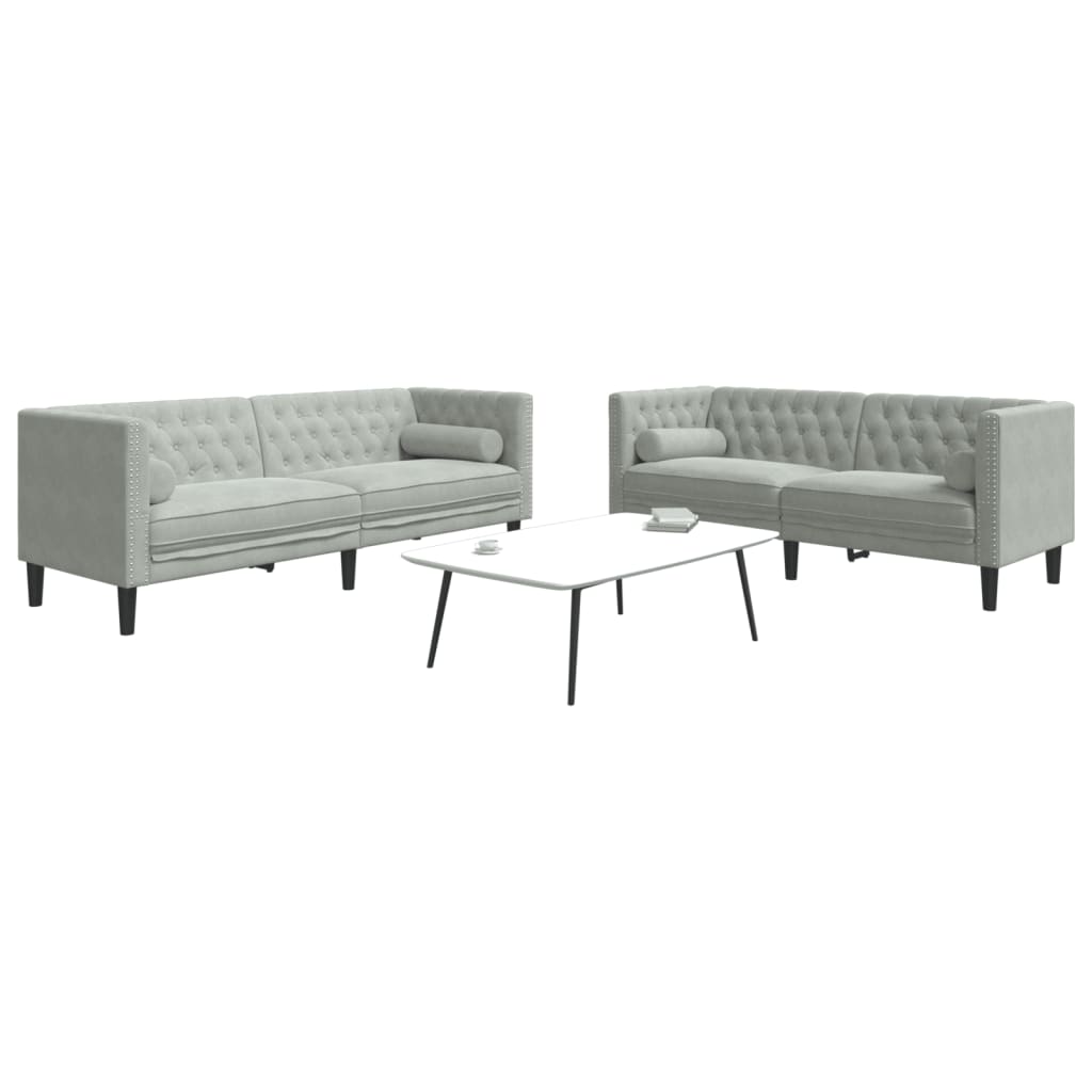 vidaXL 2-tlg. Chesterfield-Sofa-Set mit Nackenrollen Hellgrau Samt