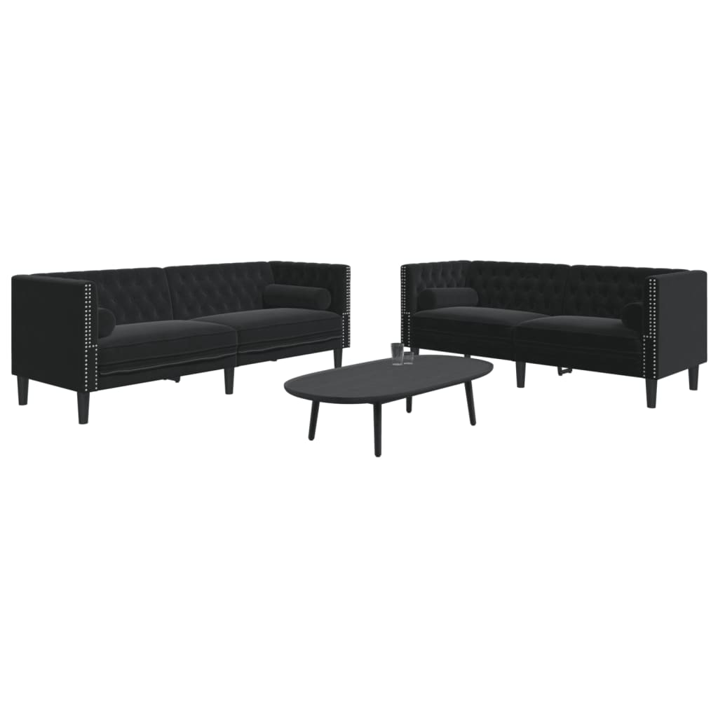 2-tlg. Chesterfield-Sofa-Set mit Nackenrollen Schwarz Samt