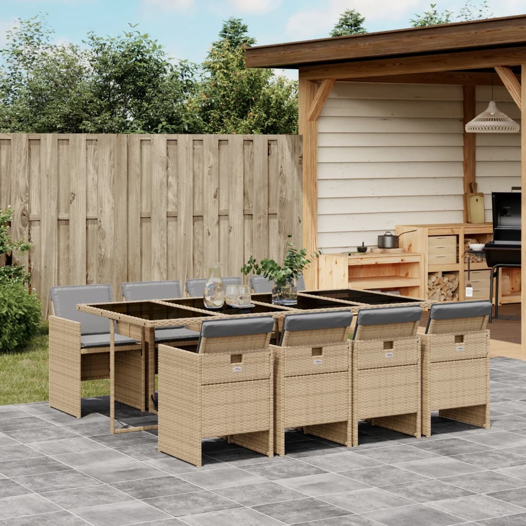 vidaXL 9-tlg. Garten-Essgruppe mit Kissen Beigemischung Poly Rattan