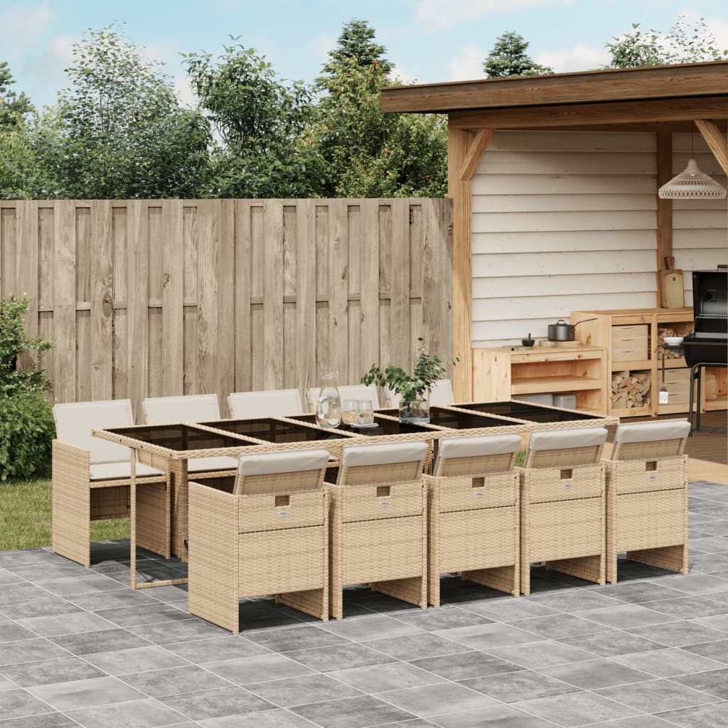 vidaXL 11-tlg. Garten-Essgruppe mit Kissen Beige Poly Rattan