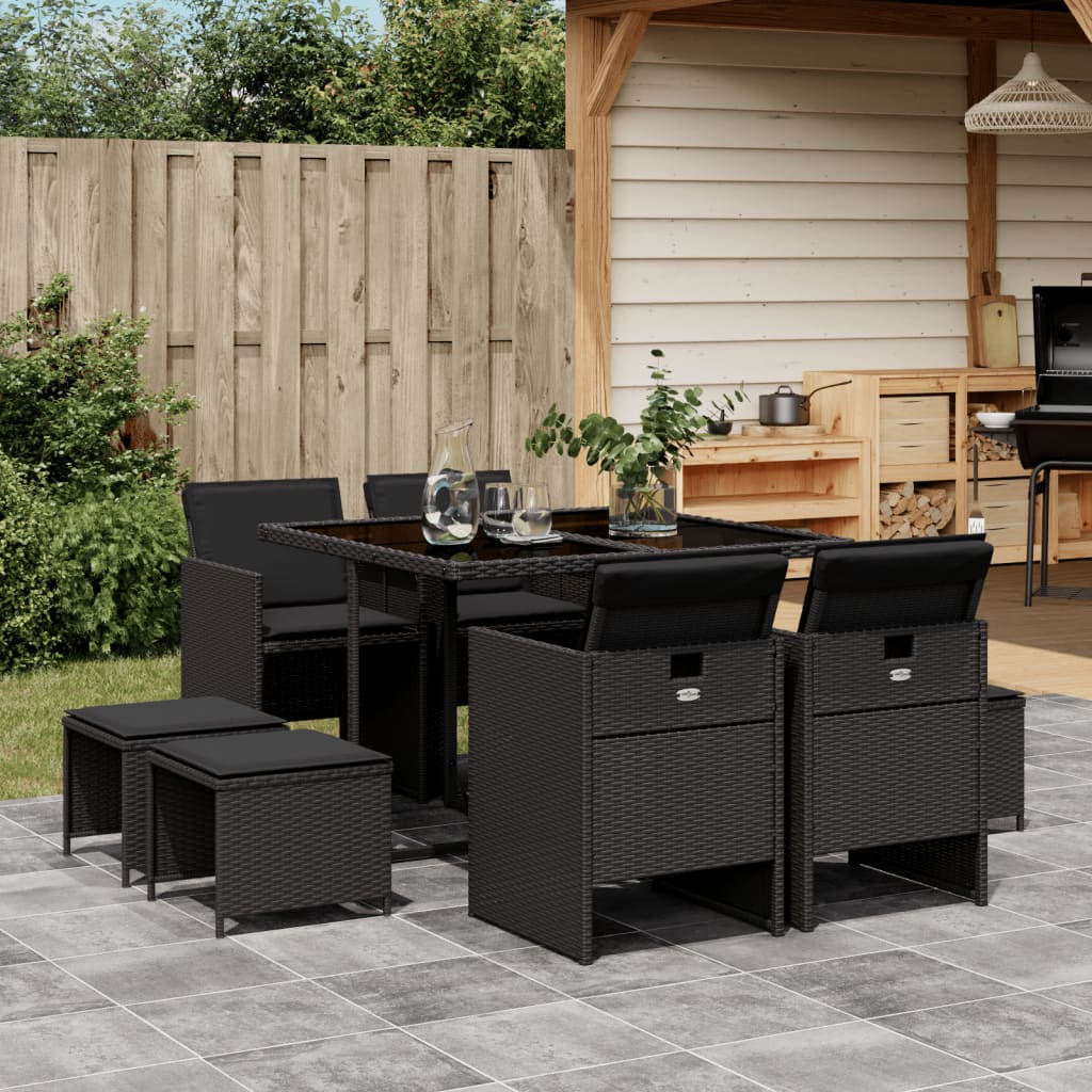 vidaXL 9-tlg. Garten-Essgruppe mit Kissen Schwarz Poly Rattan