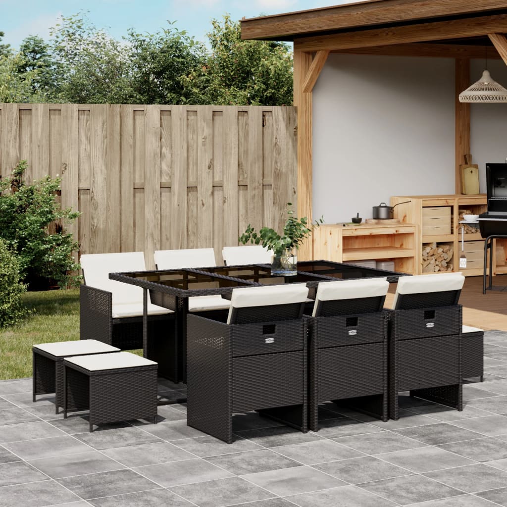 vidaXL Set mobilier de exterior cu perne, 11 piese, negru, poliratan