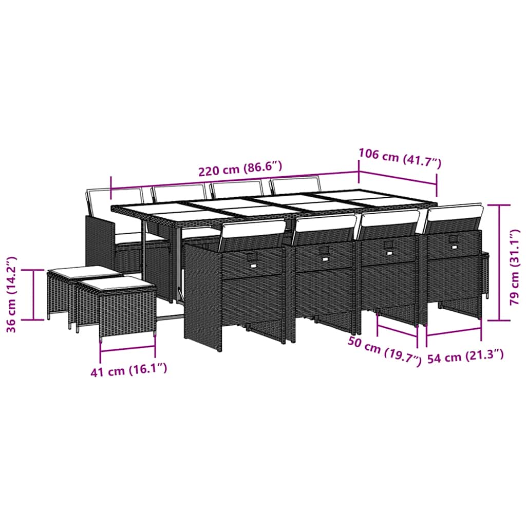Set mobilier de grădină cu perne, 13 piese, gri, poliratan 3210620 - imagine 6