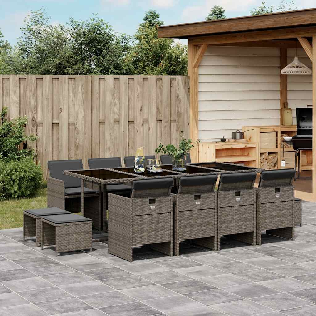 vidaXL 13-tlg. Garten-Essgruppe mit Kissen Grau Poly Rattan