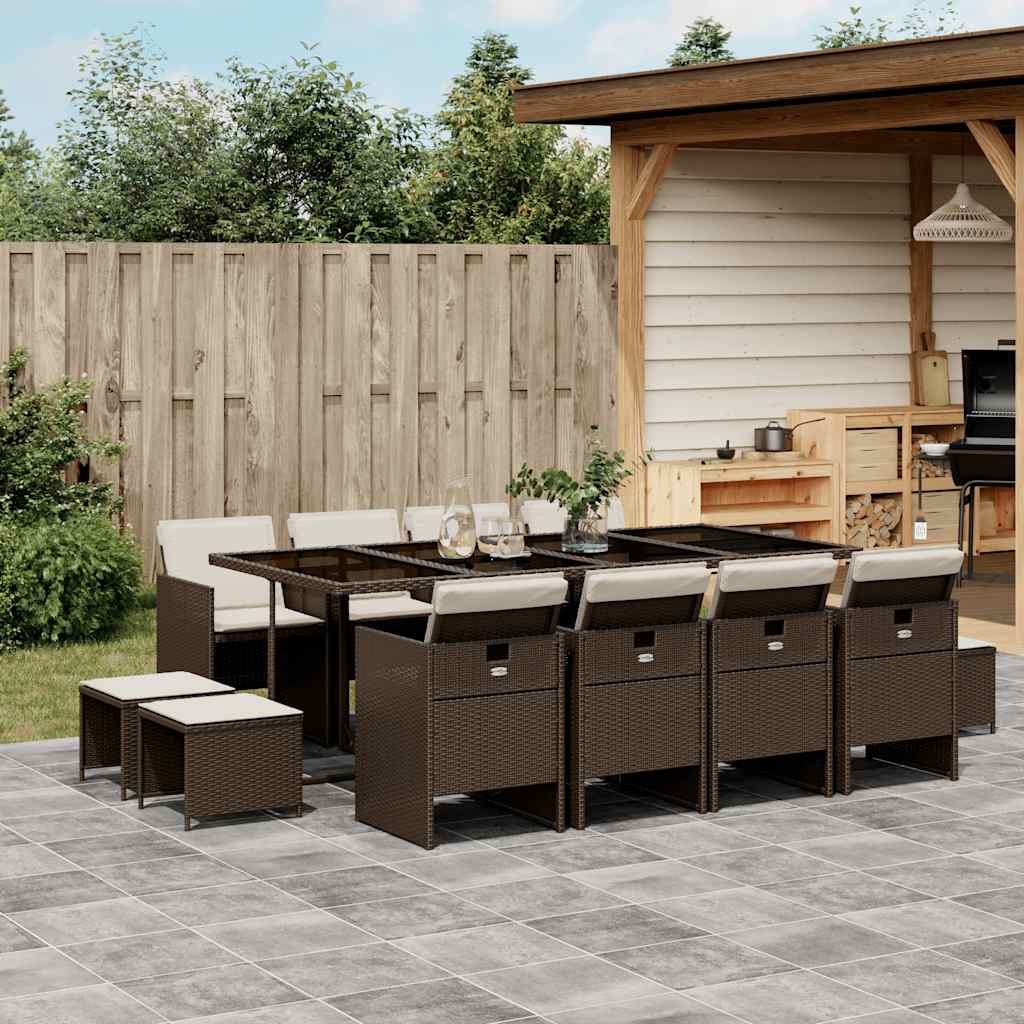 vidaXL 13-tlg. Garten-Essgruppe mit Kissen Braun Poly Rattan