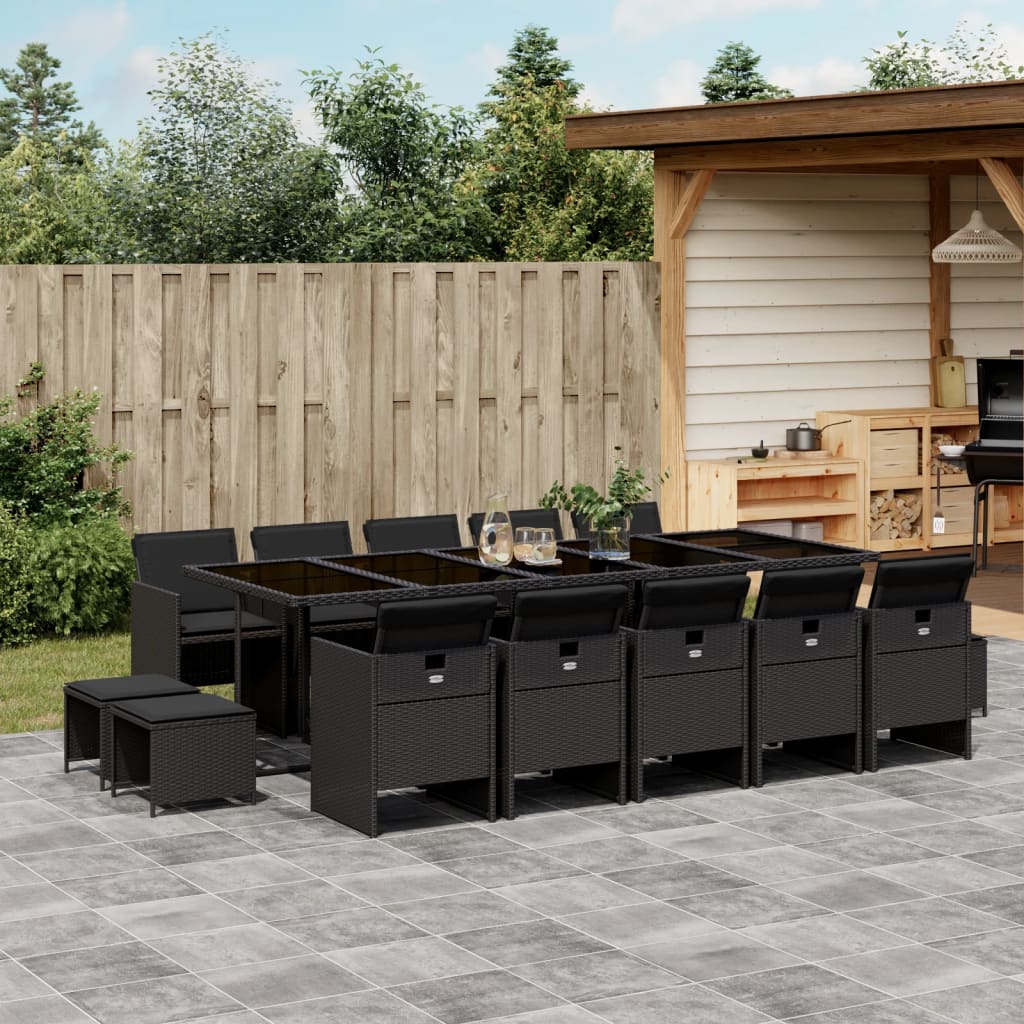 vidaXL 15-tlg. Garten-Essgruppe mit Kissen Schwarz Poly Rattan