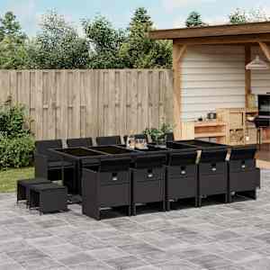 Vrtna jedilna garnitura 15-delna z blazinami črn poli ratan