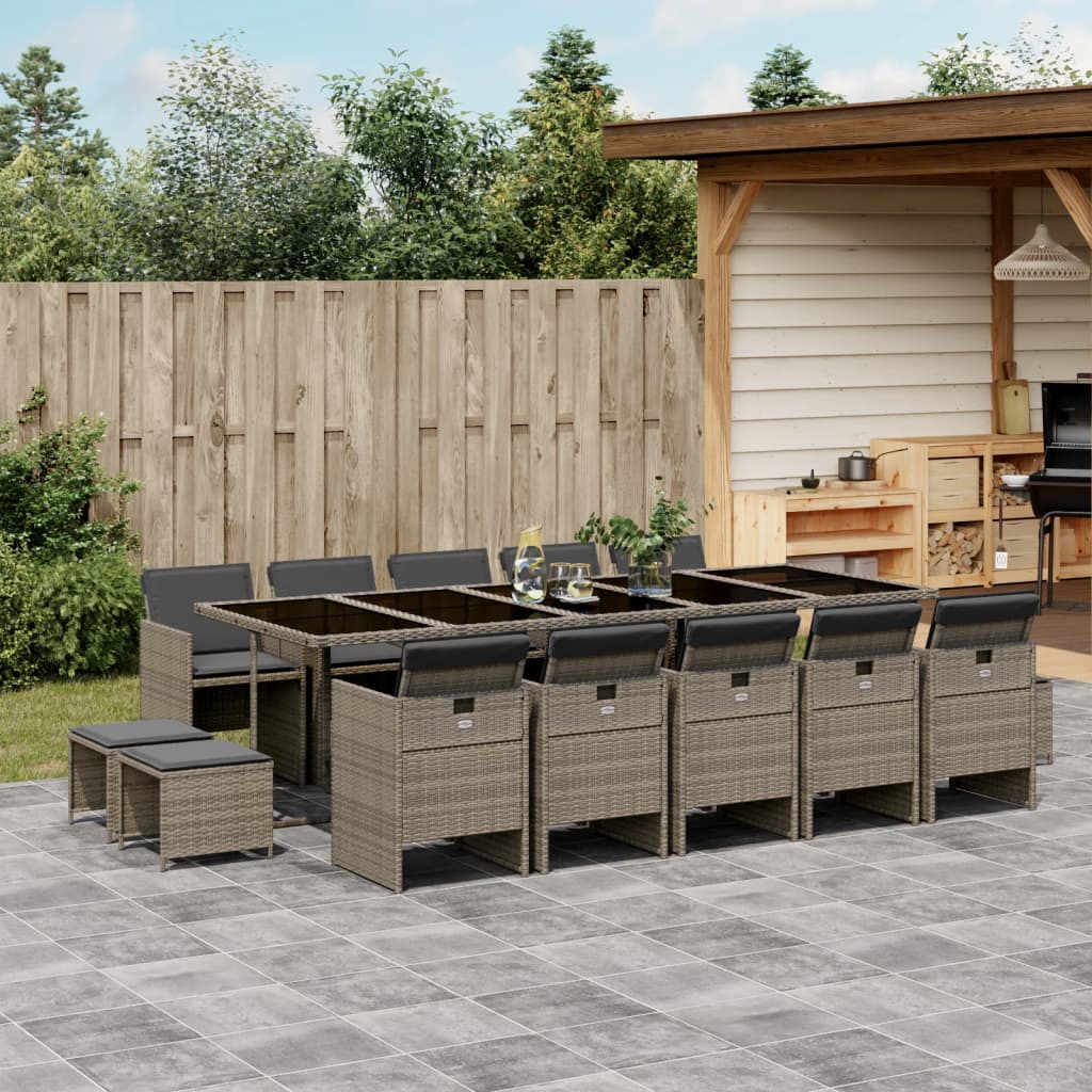 vidaXL 15-tlg. Garten-Essgruppe mit Kissen Grau Poly Rattan