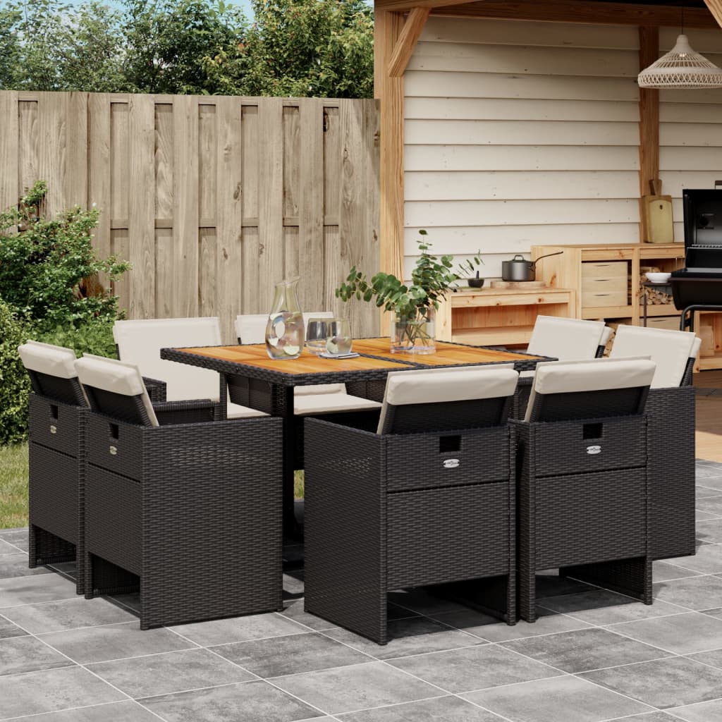 vidaXL Set mobilier de grădină cu perne, 9 piese, negru, poliratan