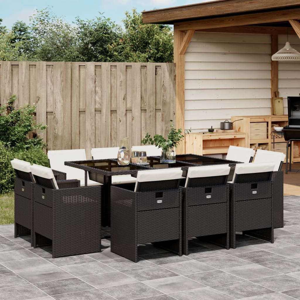 vidaXL Set mobilier de exterior cu perne, 11 piese, negru, poliratan
