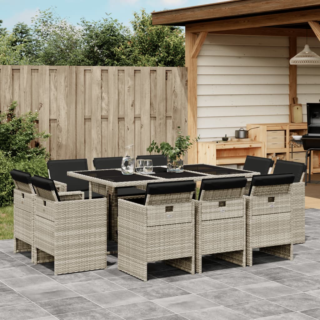 vidaXL 11-tlg. Garten-Essgruppe mit Kissen Hellgrau Poly Rattan