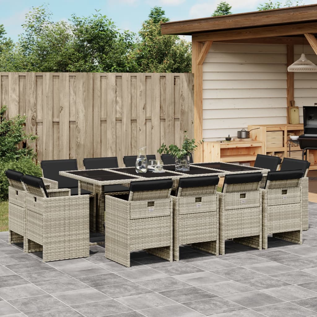 vidaXL 13-tlg. Garten-Essgruppe mit Kissen Hellgrau Poly Rattan