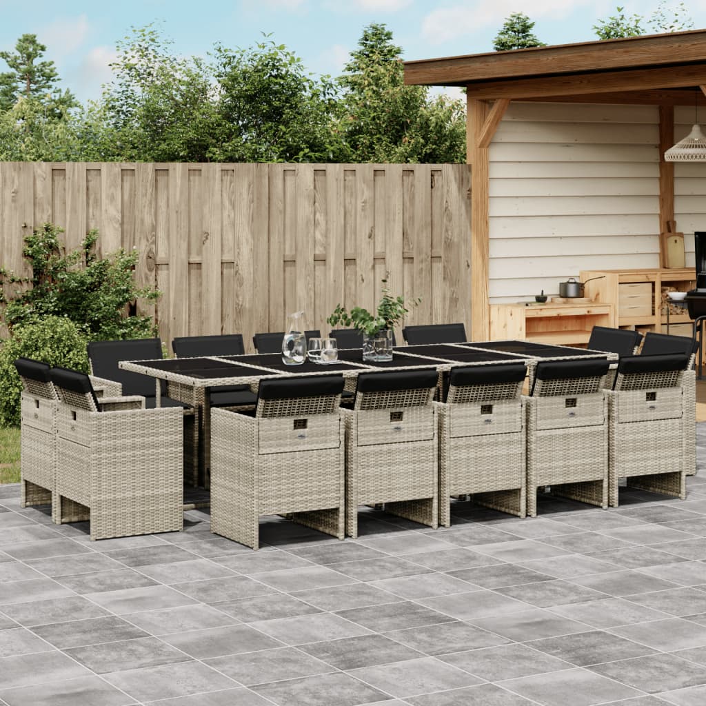 vidaXL 15-tlg. Garten-Essgruppe mit Kissen Hellgrau Poly Rattan