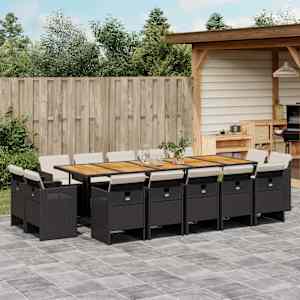 Vrtna jedilna garnitura 15-delna z blazinami črn poli ratan