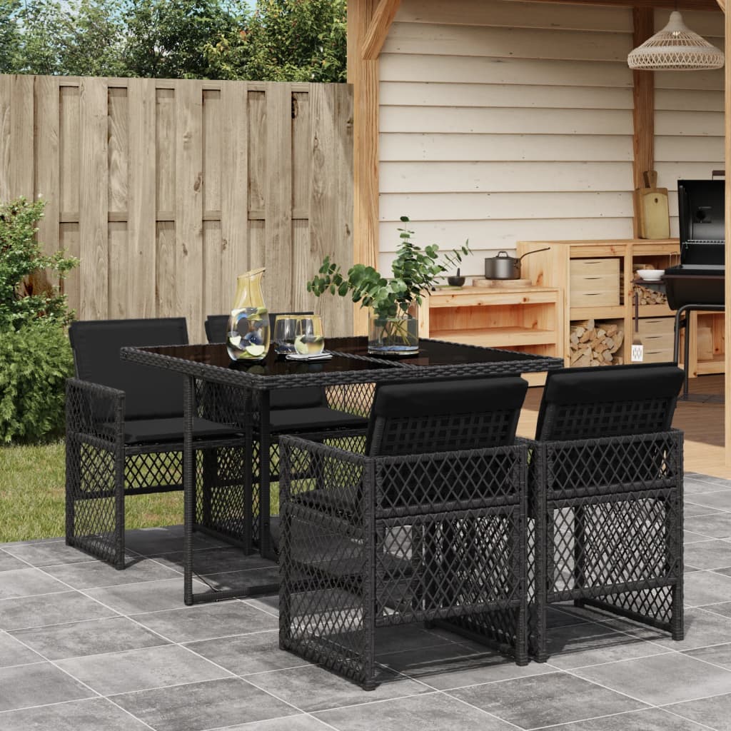 5-tlg. Garten-Essgruppe mit Kissen Schwarz Poly Rattan