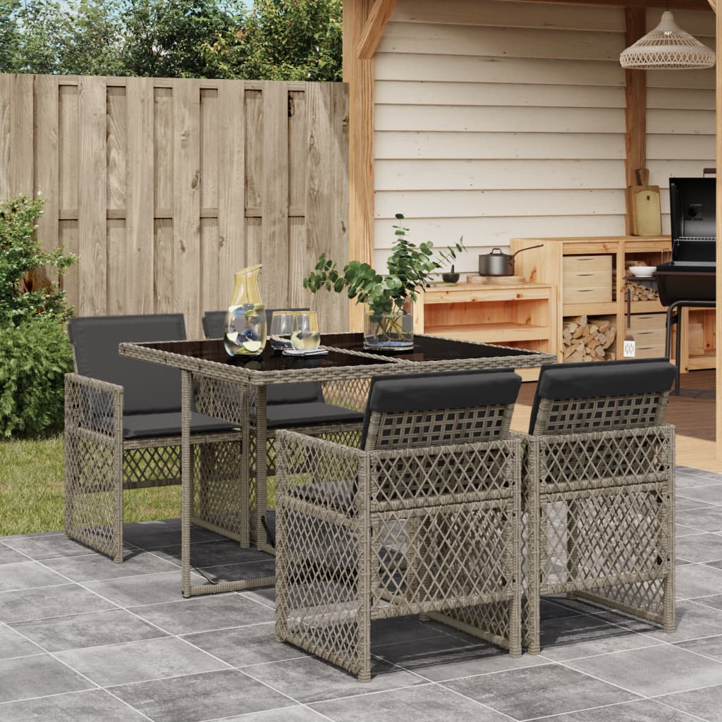 5-tlg. Garten-Essgruppe mit Kissen Grau Poly Rattan