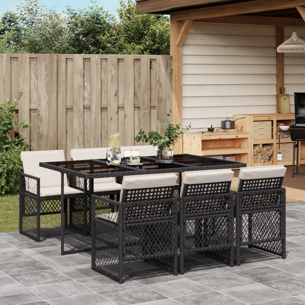 vidaXL 7-tlg. Garten-Essgruppe mit Kissen Schwarz Poly Rattan