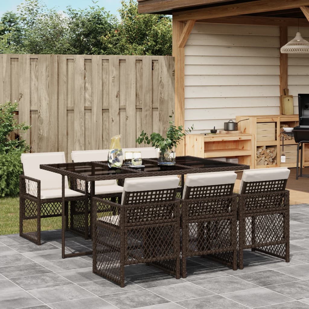 7-tlg. Garten-Essgruppe mit Kissen Braun Poly Rattan