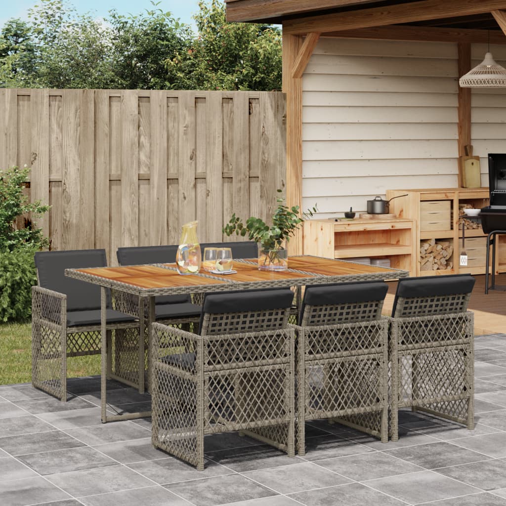 7-tlg. Garten-Essgruppe mit Kissen Grau Poly Rattan