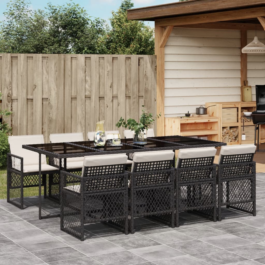 9-tlg. Garten-Essgruppe mit Kissen Schwarz Poly Rattan