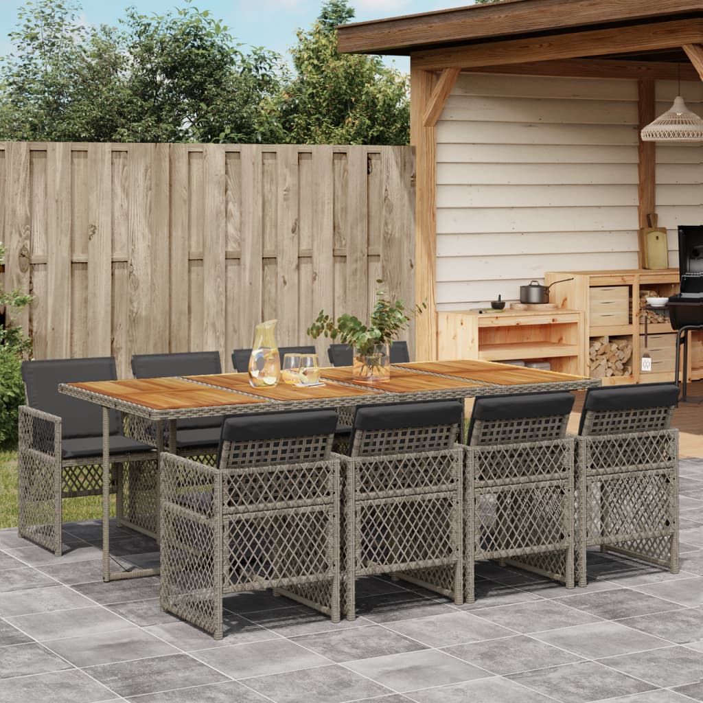 9-tlg. Garten-Essgruppe mit Kissen Grau Poly Rattan