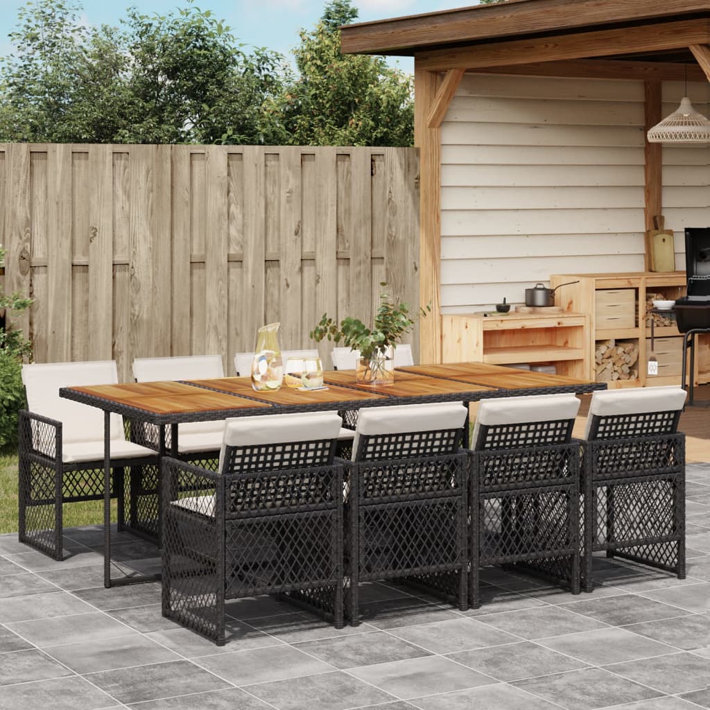 vidaXL 9-tlg. Garten-Essgruppe mit Kissen Schwarz Poly Rattan