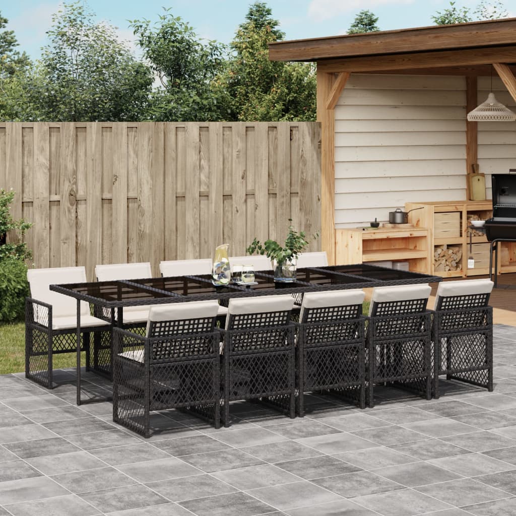 vidaXL 11-tlg. Garten-Essgruppe mit Kissen Schwarz Poly Rattan