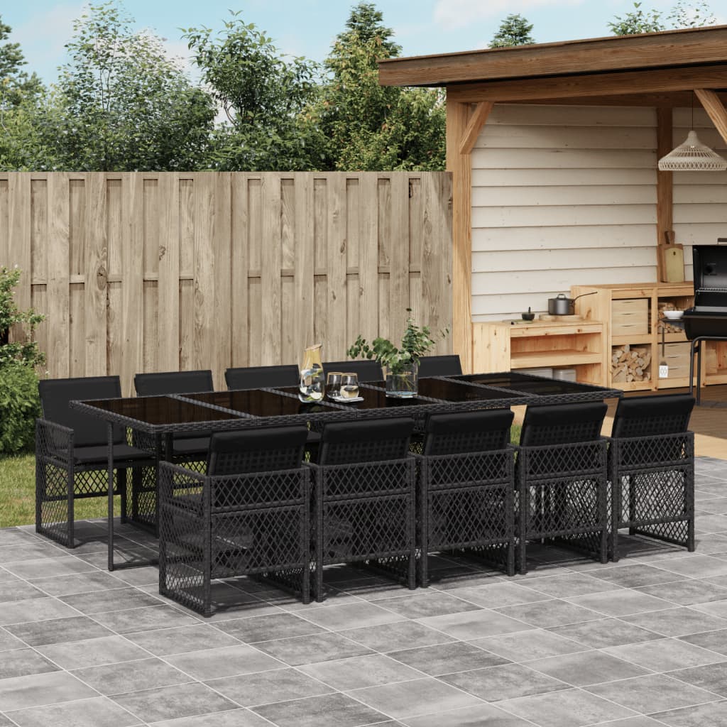 vidaXL 11-tlg. Garten-Essgruppe mit Kissen Schwarz Poly Rattan