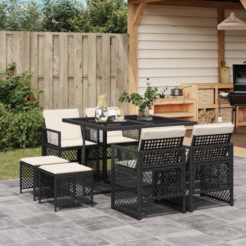 vidaXL 9-tlg. Garten-Essgruppe mit Kissen Schwarz Poly Rattan