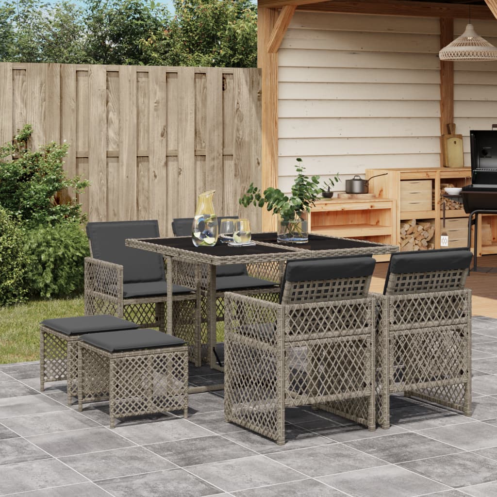 9-tlg. Garten-Essgruppe mit Kissen Grau Poly Rattan